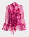 Johnny Was Emerie Tie-neck Silk Chiffon Blouse In Pink