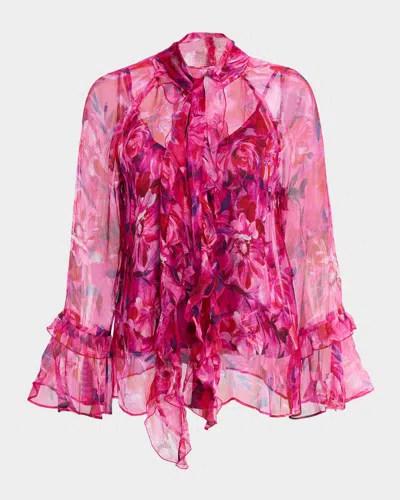 Johnny Was Emerie Tie-neck Silk Chiffon Blouse