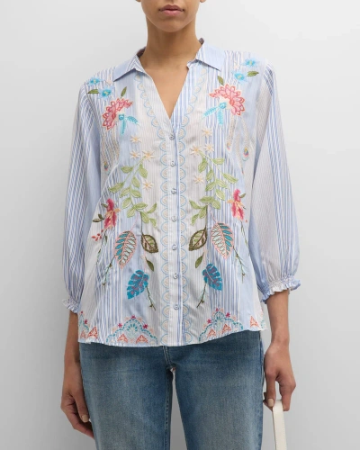 Johnny Was Emika Striped Floral-embroidered Silk Shirt