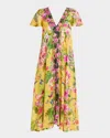 Johnny Was Eva Draped Floral-print Midi Dress In Yellow