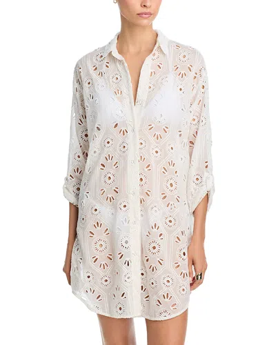 Johnny Was Eyelet Swim Cover-up Shirt In Neutral