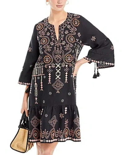 Johnny Was Faye Kimono Sleeve Embroidered Linen Dress In Black