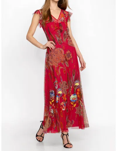 Johnny Was Floral-embroidered Ruffle-trim Mesh Maxi Dress In Red