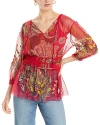 JOHNNY WAS FEATHER LARK EMBROIDERED MESH BLOUSE