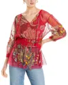 Johnny Was Feather Lark Mesh Blouse In Multicolor In Red