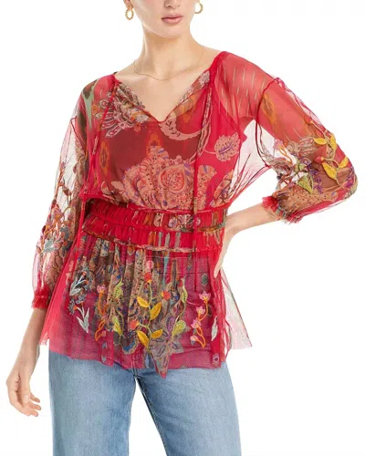 Johnny Was Feather Lark Mesh Blouse In Multicolor In Red