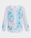 Johnny Was Field Striped Floral-embroidered Henley Blouse In White