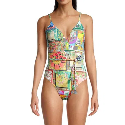 Johnny Was Fleur Braided One Piece Wrap Swimsuit In Multi In Green