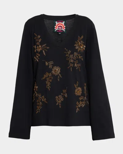 Johnny Was Beaded Kimono Sleeve Tee In Black In Blue