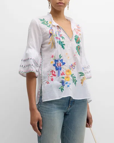 Johnny Was Floral-embroidered Cotton Blouse In White