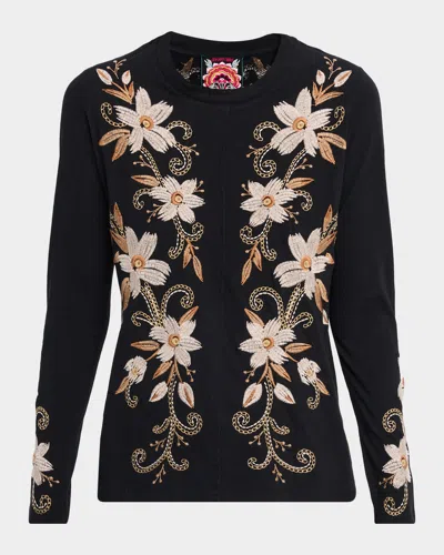 Johnny Was Floral-embroidered Cotton Knit Tee In Black