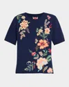 Johnny Was Floral-embroidered Cotton T-shirt In Blue