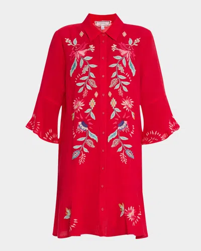 Johnny Was Floral-embroidered Flounce Mini Shirtdress In Red