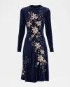 Johnny Was Floral-embroidered Stretch Velvet Midi Dress In Blue