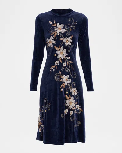 Johnny Was Floral-embroidered Stretch Velvet Midi Dress In Blue