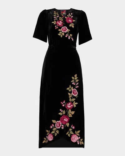 Johnny Was Floral-embroidered Velvet Midi Wrap Dress In Black