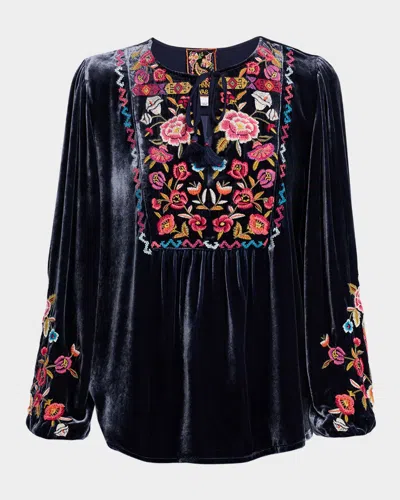 Johnny Was Floral-embroidered Velvet Prairie Blouse In Black