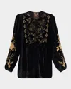 Johnny Was Floral-embroidered Velvet Prairie Blouse In Black