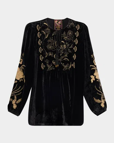 Johnny Was Floral-embroidered Velvet Prairie Blouse In Black