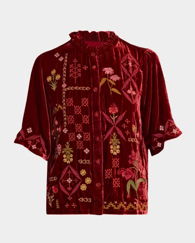 Johnny Was Floral-embroidered Velvet Shirt In Red