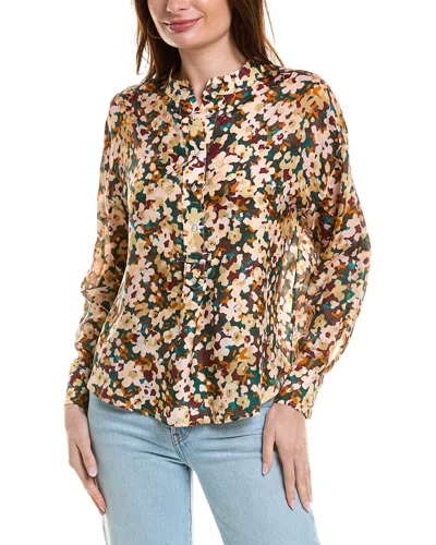 Johnny Was Floral Half Placket Button Silk Top In Green