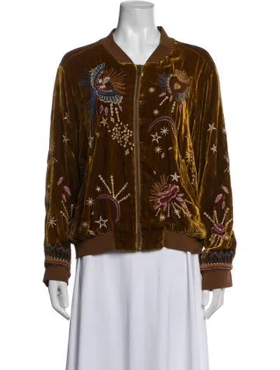 Pre-owned Johnny Was Floral Print Bomber Jacket In Orange