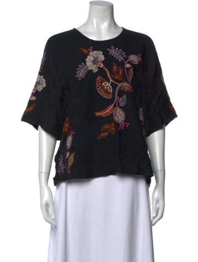 Pre-owned Johnny Was Floral Print Crew Neck Blouse In Black