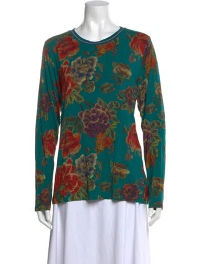 Pre-owned Johnny Was Floral Print Crew Neck Blouse In Green