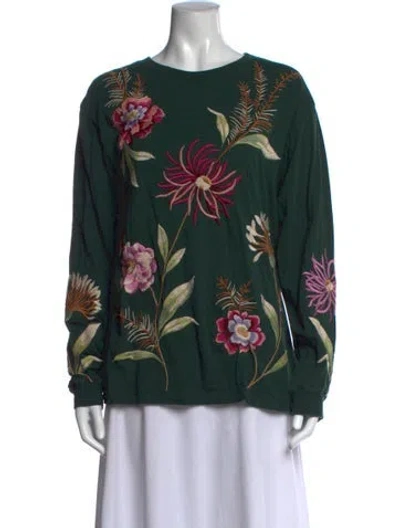 Pre-owned Johnny Was Floral Print Crew Neck Blouse In Green