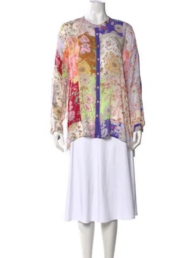 Pre-owned Johnny Was Floral Print Crew Neck Blouse In Neutrals
