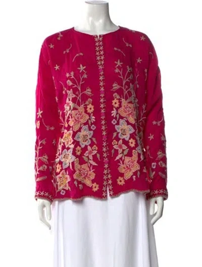 Pre-owned Johnny Was Floral Print Crew Neck Blouse In Pink