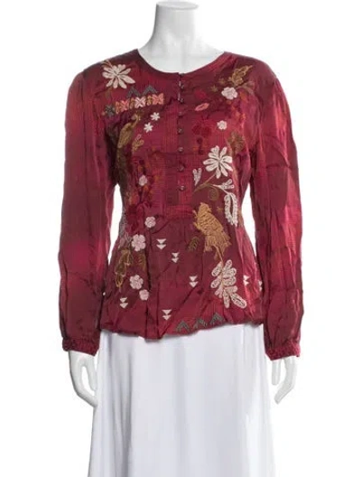 Pre-owned Johnny Was Floral Print Crew Neck Blouse In Red