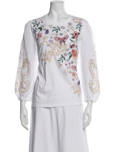 Pre-owned Johnny Was Floral Print Crew Neck Blouse W/ Tags In White