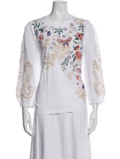 Pre-owned Johnny Was Floral Print Crew Neck Blouse W/ Tags In White