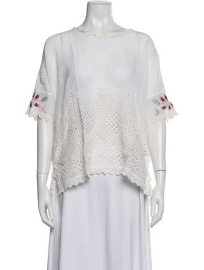 Pre-owned Johnny Was Floral Print Crew Neck Blouse In White