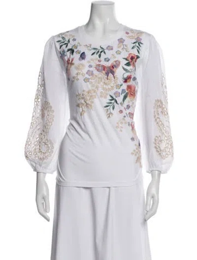Pre-owned Johnny Was Floral Print Crew Neck Blouse In White