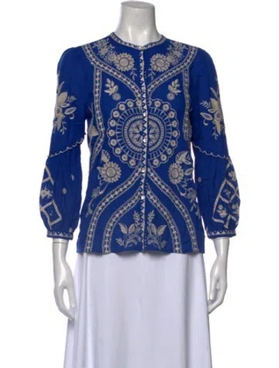 Pre-owned Johnny Was Floral Print Crew Neck Sweater In Blue