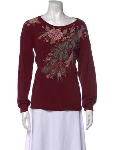 Pre-owned Johnny Was Floral Print Crew Neck Top In Burgundy
