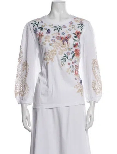 Pre-owned Johnny Was Floral Print Crew Neck Top W/ Tags In White