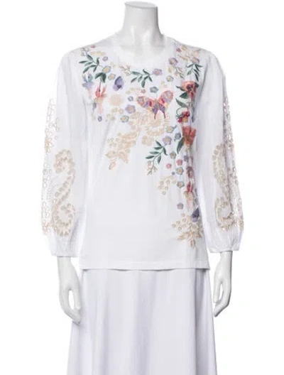 Pre-owned Johnny Was Floral Print Crew Neck Top W/ Tags In White