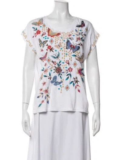 Pre-owned Johnny Was Floral Print Crew Neck Top W/ Tags In White