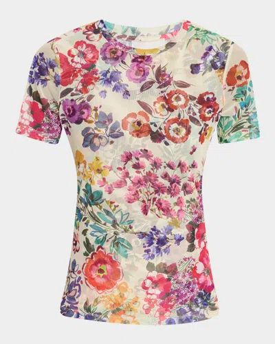 Johnny Was Floral-print Crewneck Mesh Tee In Evalon