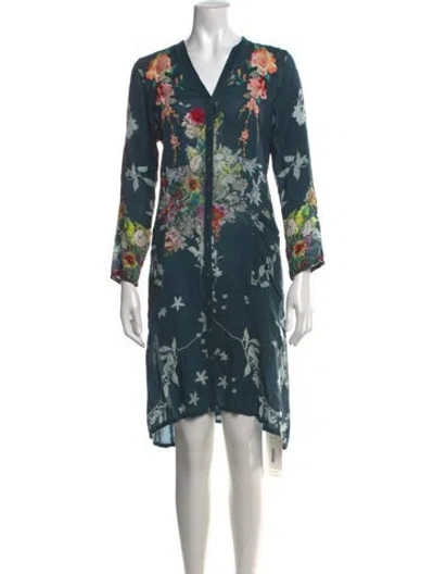 Pre-owned Johnny Was Floral Print Knee-length Dress In Blue