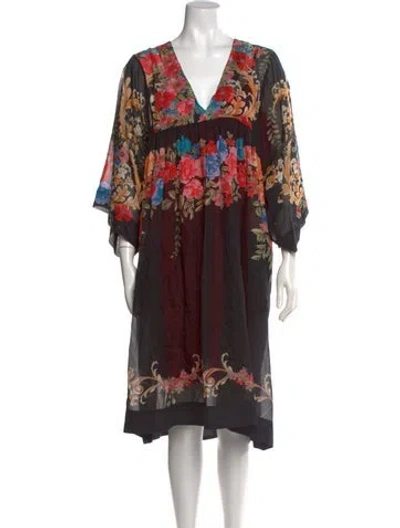 Pre-owned Johnny Was Floral Print Knee-length Dress W/ Tags In Black