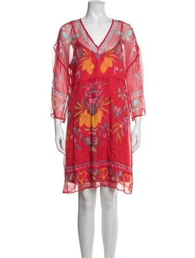 Pre-owned Johnny Was Floral Print Knee-length Dress W/ Tags In Red