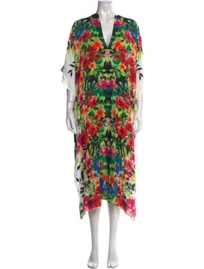 Pre-owned Johnny Was Floral Print Long Dress In Green
