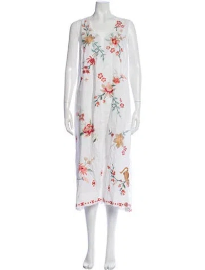 Pre-owned Johnny Was Floral Print Long Dress In White
