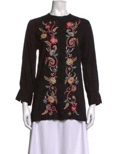 Pre-owned Johnny Was Floral Print Long Sleeve Blouse In Black