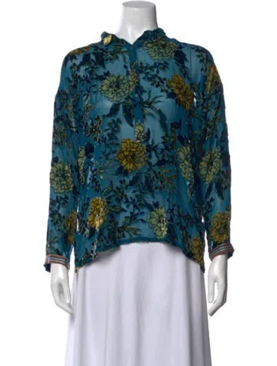 Pre-owned Johnny Was Floral Print Long Sleeve Blouse In Blue