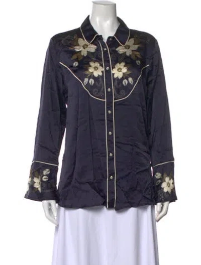 Pre-owned Johnny Was Floral Print Long Sleeve Blouse In Blue